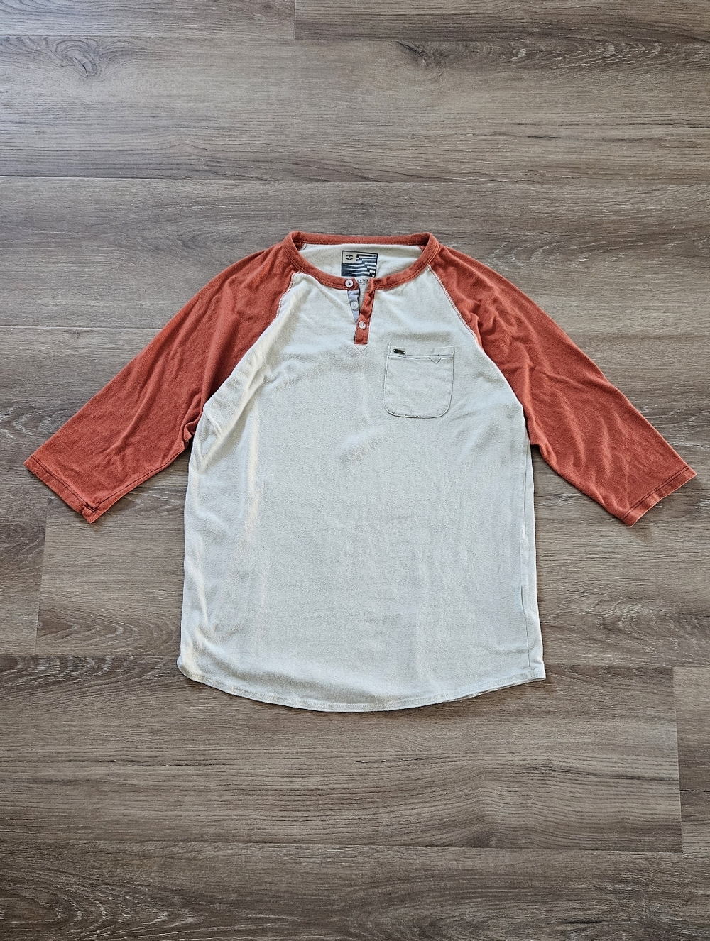 Split Raglan Henley Shirt Cream Body with Rust Sleeves Size M